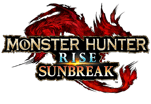 the logo for Monster Hunter Rise: Sunbreak. it is the title of the game overtop of a red, watercolor dragon shape